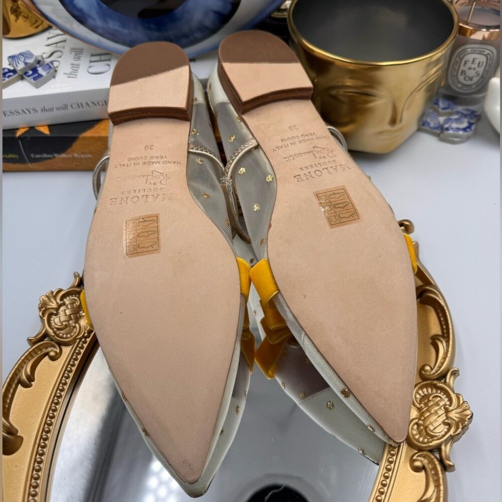 🆕 MALONE SOULIERS 🧿 BNWOB White Mesh Mules with Yellow Velvet Bow Size 39 - 9 - Picture 9 of 15